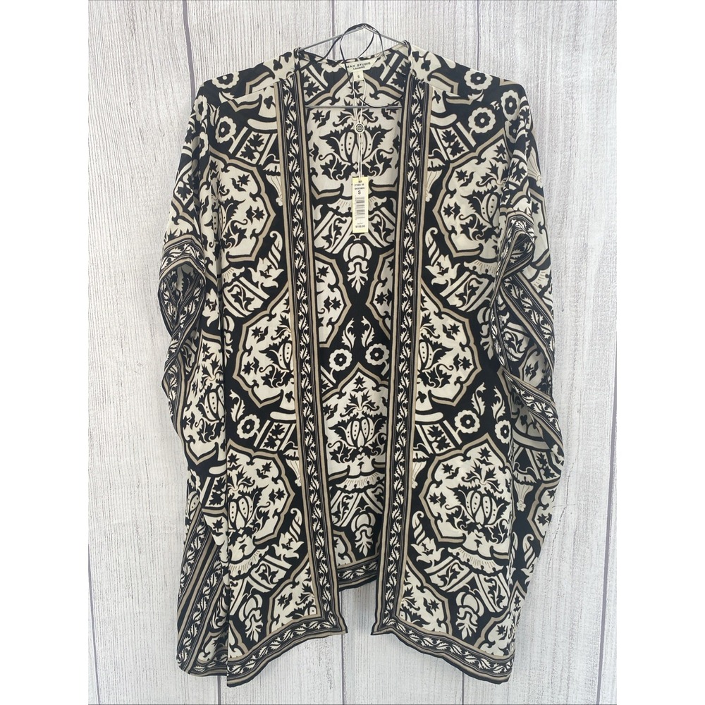 Max Studio Kimono Womens SMALL Black Cream Floral Duster Boho Beach Cover-Up